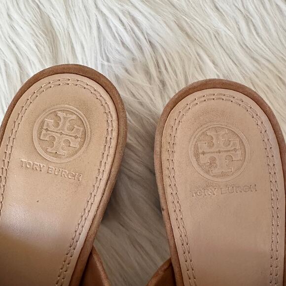 Tory Burch Salinas Mule Suede Leather Open Toe Block Heel Sandals, Tan - Picture 6 of 11